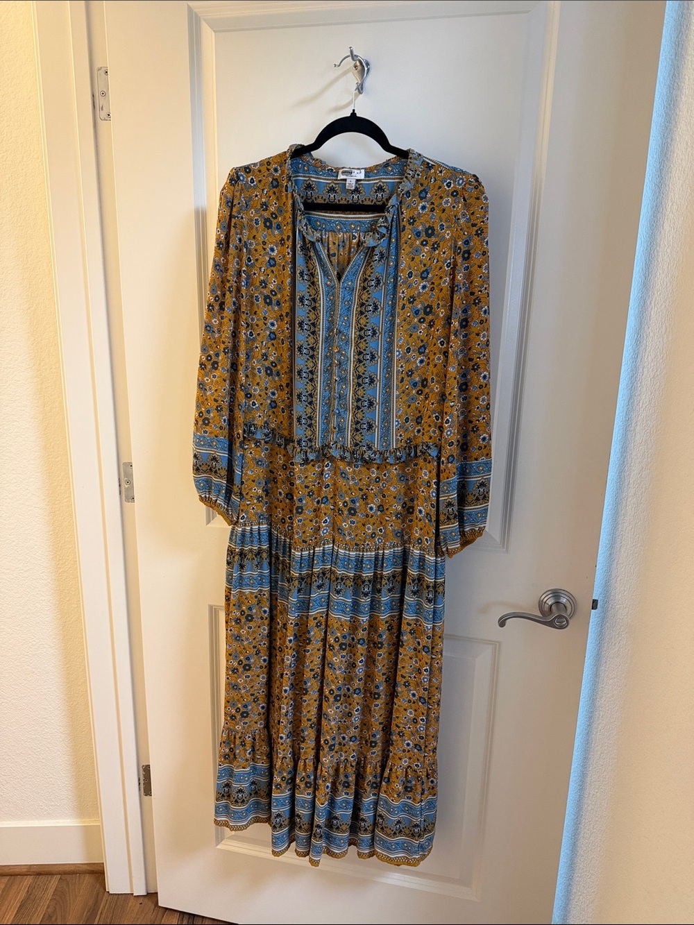 Boho Floral Tiered Maxi Dress in Mustard and Blue